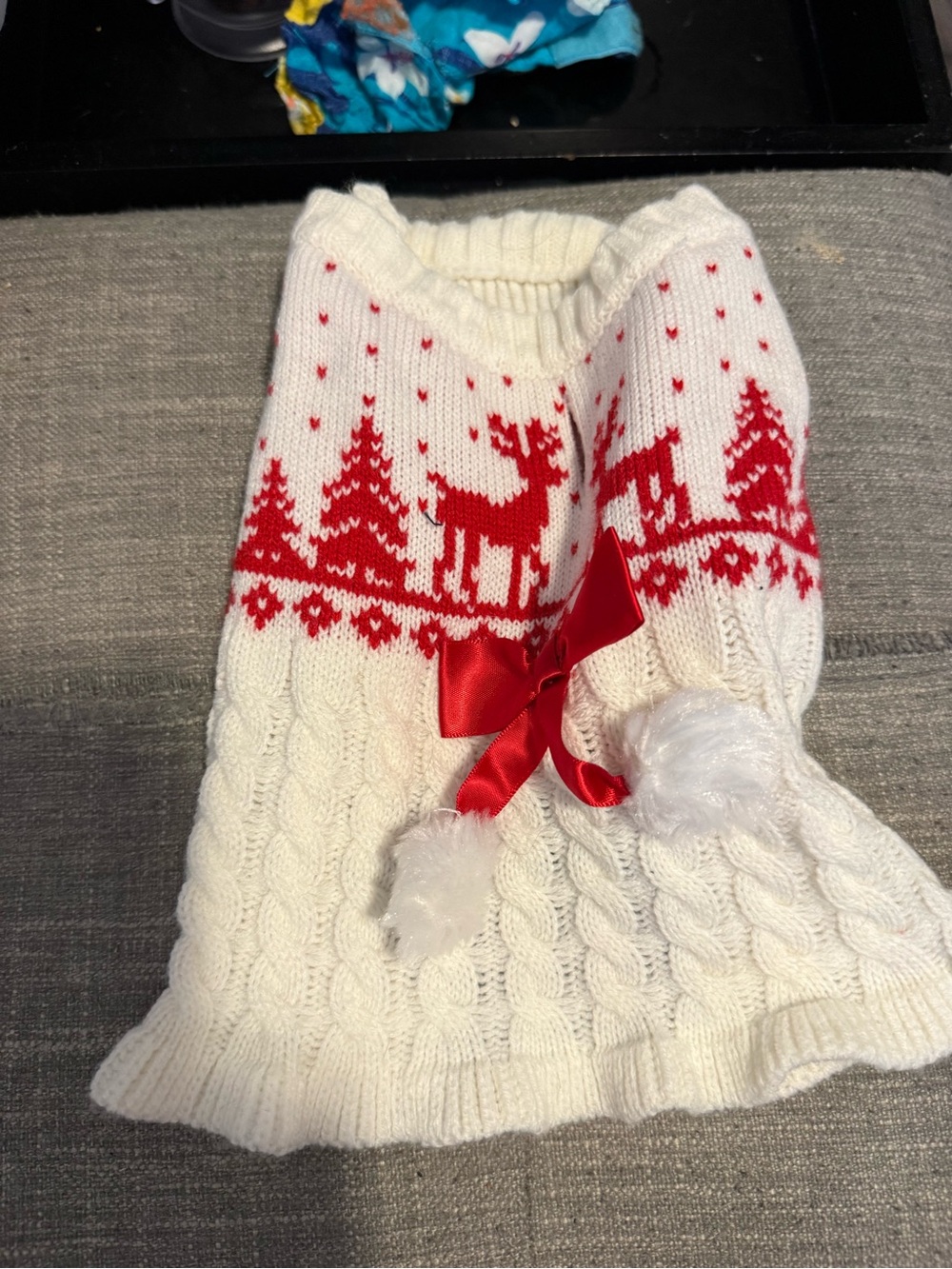 Dog XS White Cable Knit Sweater with Red Fair Isle Reindeer